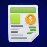 Ilustração tridimensional de um documento ou relatório financeiro em fundo azul escuro. O documento exibe blocos verdes e linhas cinzas representando campos de texto e informações, além de um ícone circular dourado com símbolo de cifrão na parte superior direita. O canto inferior direito da folha está dobrado, sugerindo uma página virada. Há um logotipo branco no canto superior direito da imagem.