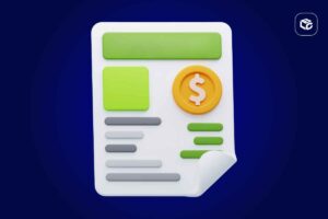 Ilustração tridimensional de um documento ou relatório financeiro em fundo azul escuro. O documento exibe blocos verdes e linhas cinzas representando campos de texto e informações, além de um ícone circular dourado com símbolo de cifrão na parte superior direita. O canto inferior direito da folha está dobrado, sugerindo uma página virada. Há um logotipo branco no canto superior direito da imagem.